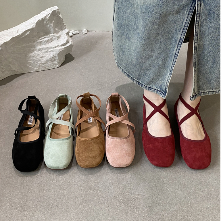 🎀พร้อมส่ง🎀รองเท้าบัลเล่ต์วินเทจหนังกลับ รองเท้าแมรี่เจนหัวกลม สายไขว้ พื้นนุ่ม มี 5 สี