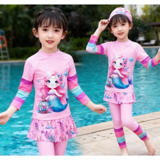 ชุดว่ายน้ำเด็กผู้หญิง ลายน่ารัก แขนยาว กางเกงกระโปรงขายาว  พ…