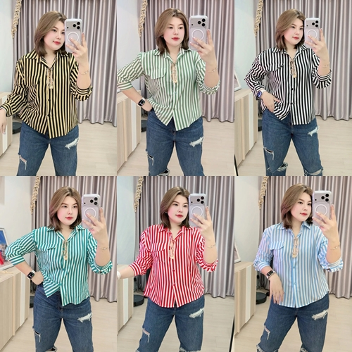 G65 เชิ้ตคอปกลายทางแต่งกระเป๋า อก 44