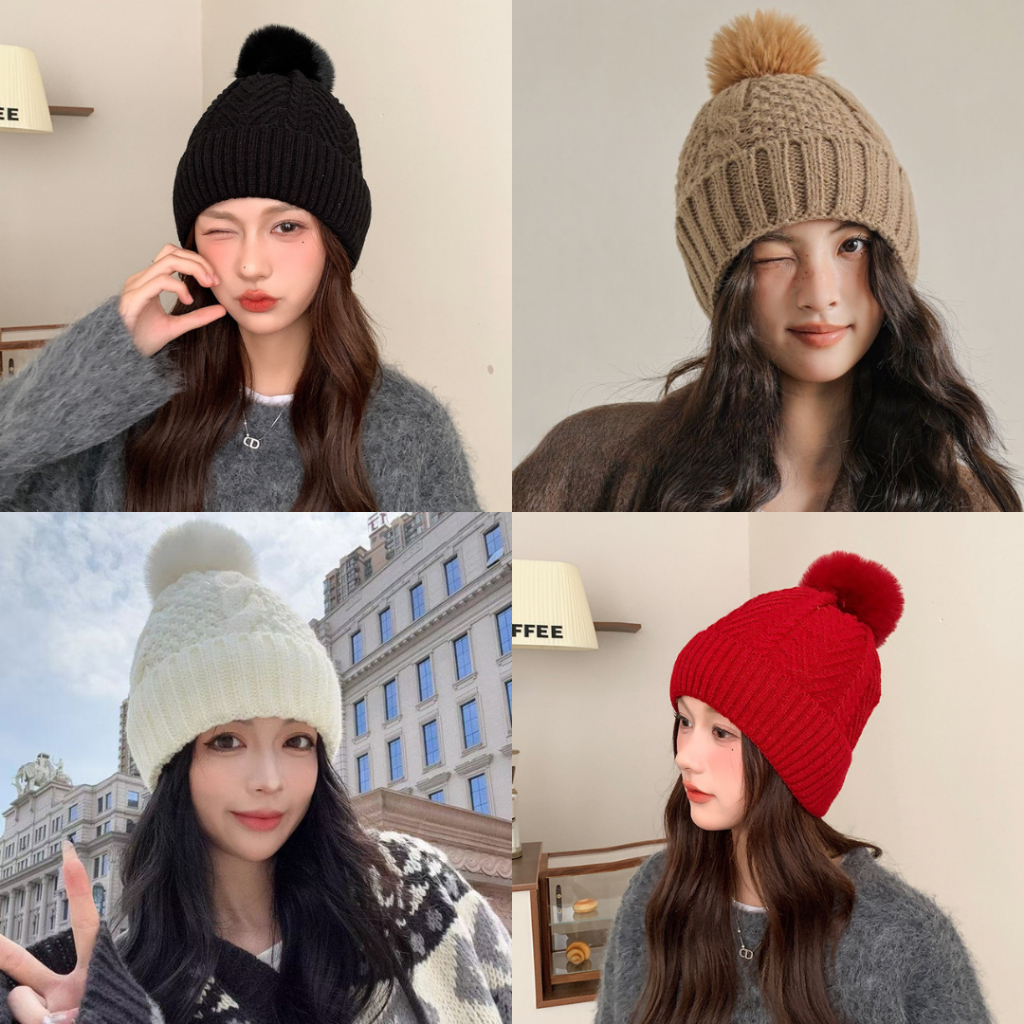 พร้อมส่ง หมวกไหมพรม หมวกกันหนาว บุขนด้านใน หมวกบีนนี่ แฟชั่นกันหนาว ไหมพรมหนานุ่ม