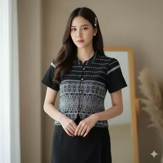 (พร้อมส่ง) เสื้อโทนสุภาพ เสื้อสีดำ เสื้อคอจีนผ่าหน้า กระดุมทองพิมพ์ลายไทยใส่ไว้อาลัย ใส่ทำงาน (+เพิ่ม 1 ไซส์จากอกจริง)