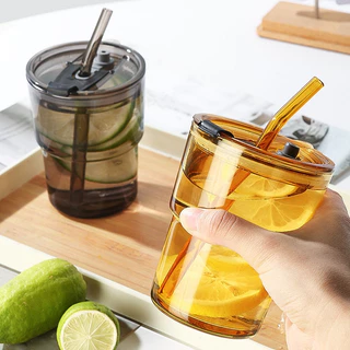 พร้อมส่ง ถ้วยชงกาแฟ ใส่กาแฟร้อนเย็น สไตล์มินิมอล แก้วหนา พร้อมหลอดแก้ว ฝาปิด ปลอกหนังกันร้อนกันเย็น ขนาด 400ml พร้อมกล่อ