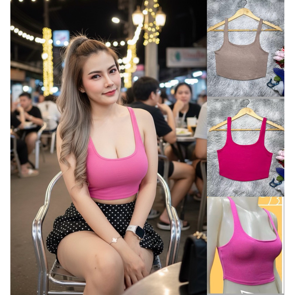 Sns201🍉เสื้อครอปชายโค้ง🍉คอลึก🍉ผ้าเรย่อน