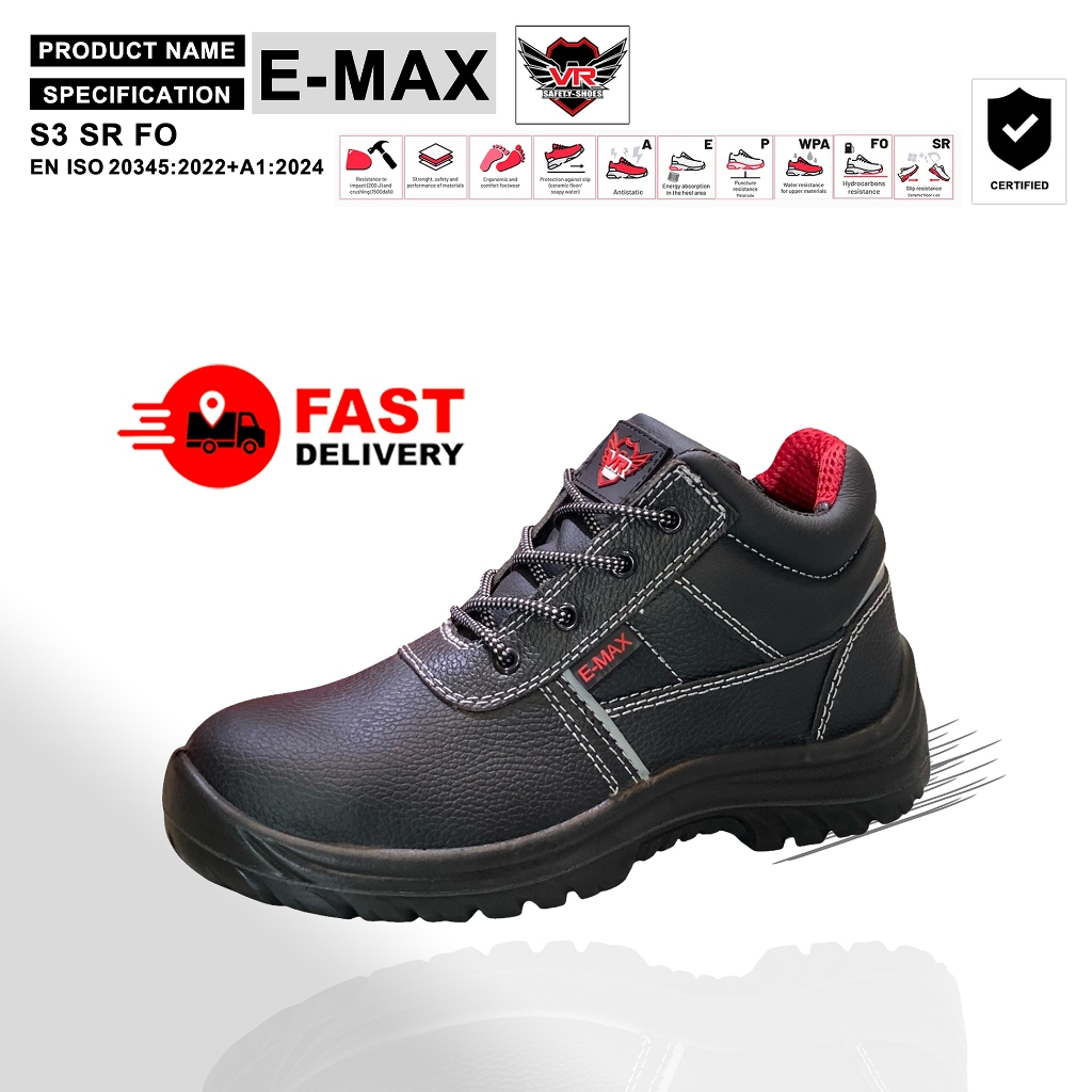 ✔ รองเท้านิรภัย รุ่น E-Max  หัวเหล็กกว้าง ชนิดหุ้มข้อ หนังแท้ มาตรฐาน S3 SRC