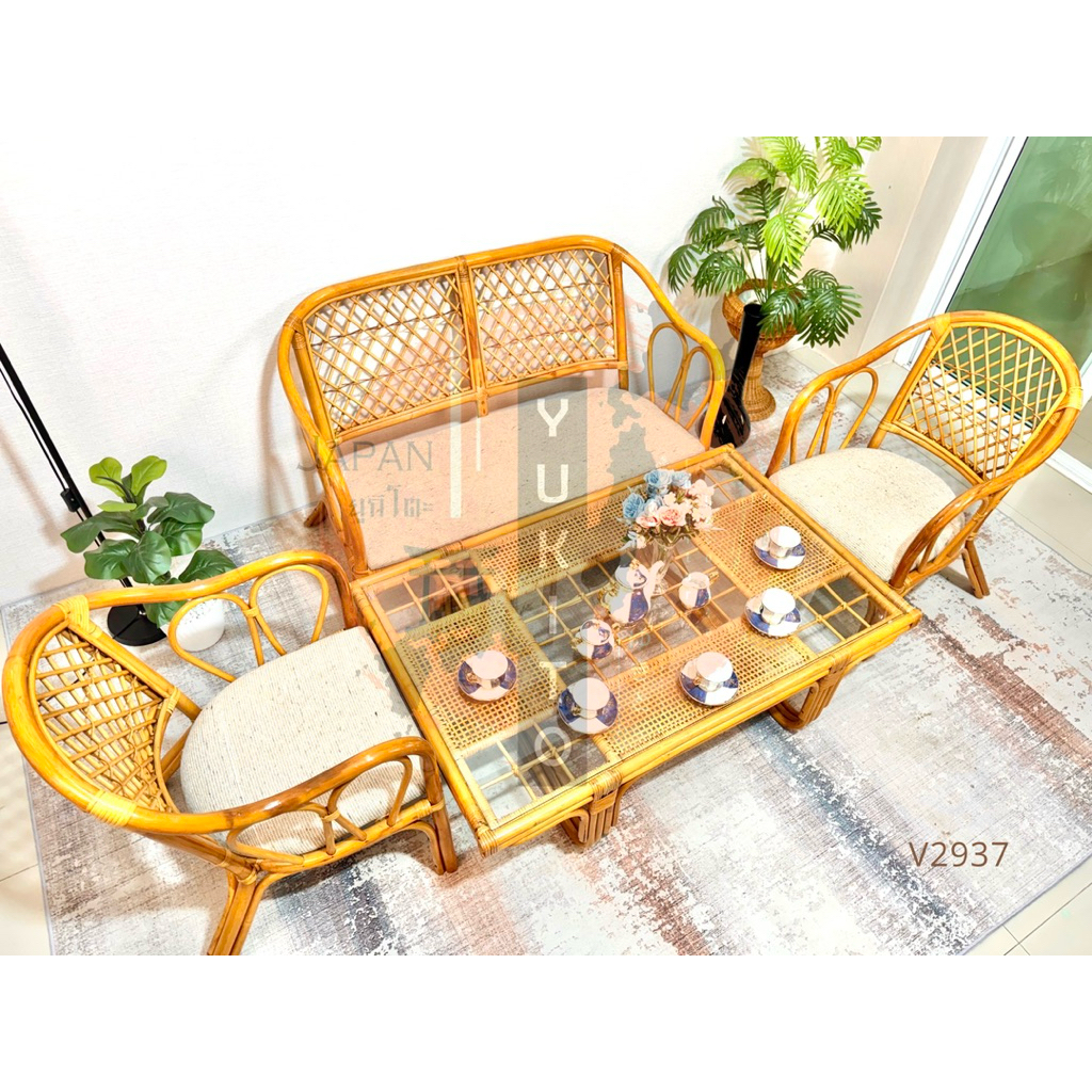 Living room sofa minimal Set เฟอร์นิเจอร์ไม้หวาย ญี่ปุ่นมือสอง