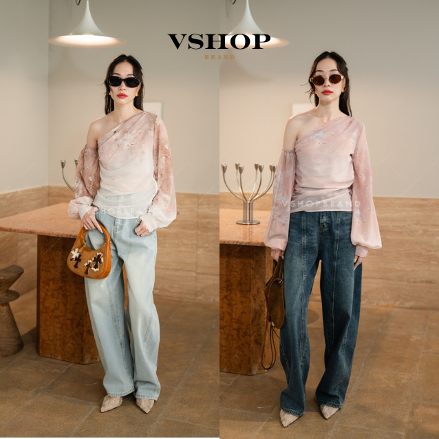 พร้อมส่ง เสื้อเว้าไหล่ลายดอกซากุระ งานป้ายvshopbrand