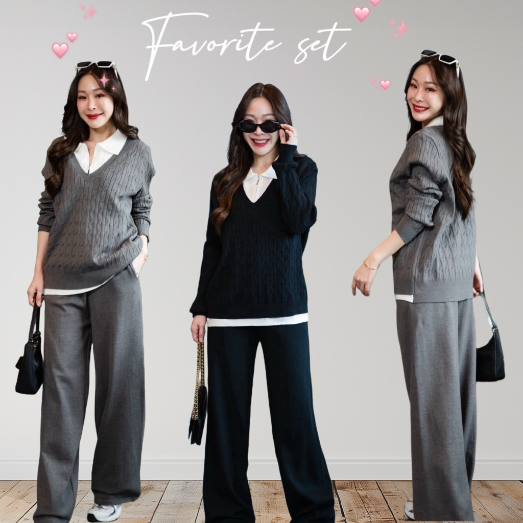 [ส่งเร็ว] Favorite • Set เสื้อไหมพรมคอปกแขนยาวซิปหน้า มาพร้อมกางเกงขายาว