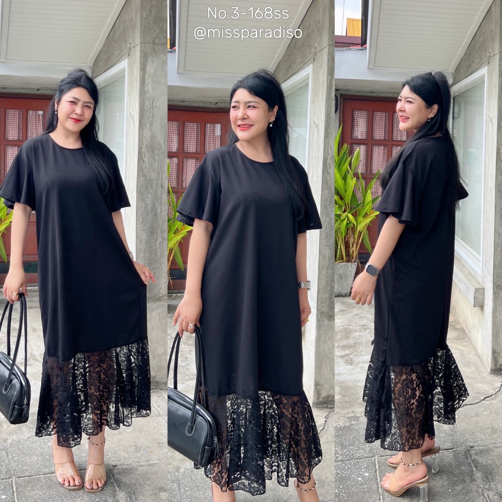 3-168ss mdเดรสแขนระบายชายลูกไม้ดำ