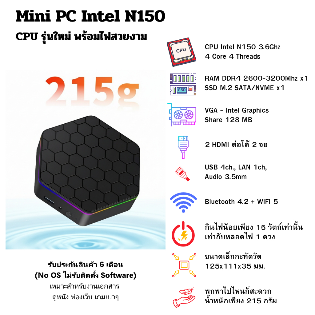 Mini PC Intel N150 - เล็กแรง ประหยัดไฟ สวยงามพร้อมไฟ RGB
