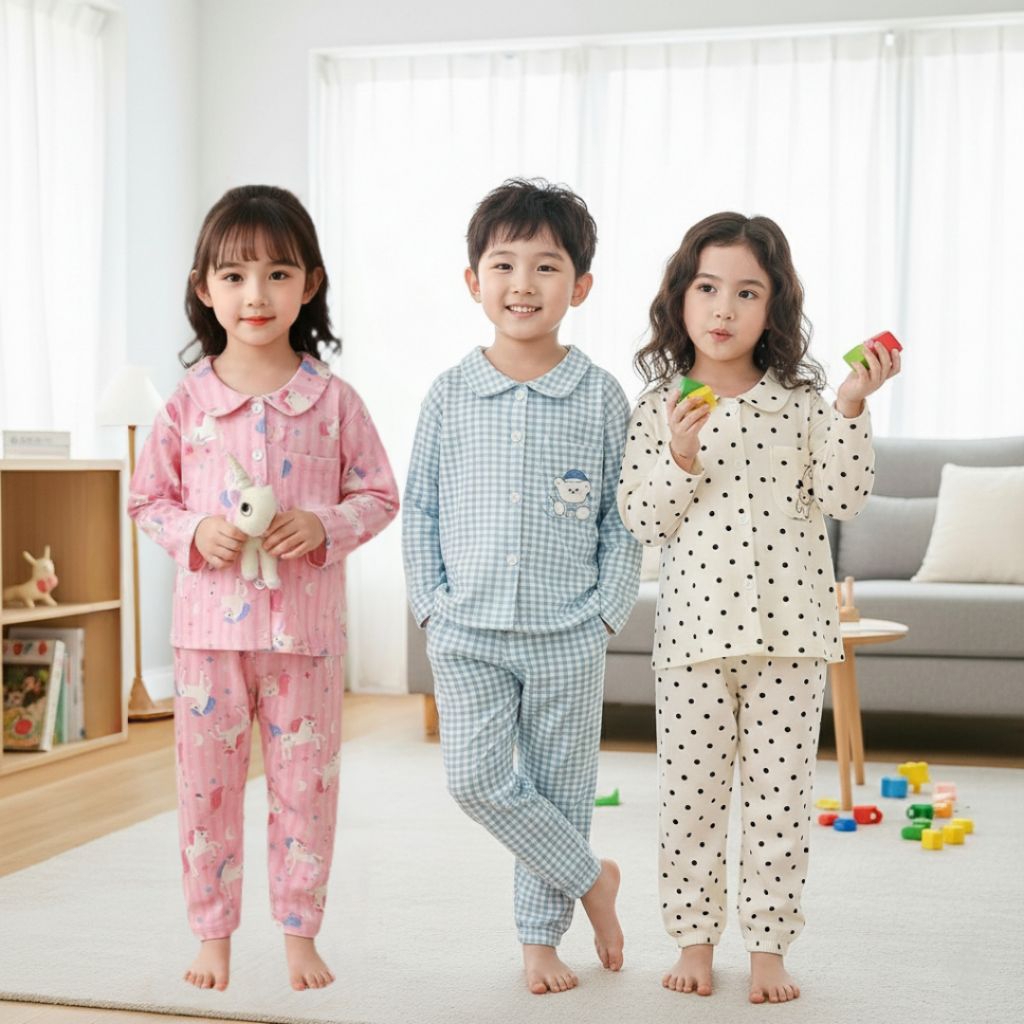 พร้อมส่งจากไทย ชุดนอนเด็ก กระดุมหน้า แขนยาว ขายาว ผ้านุ่ม ไซส์ 90-140
