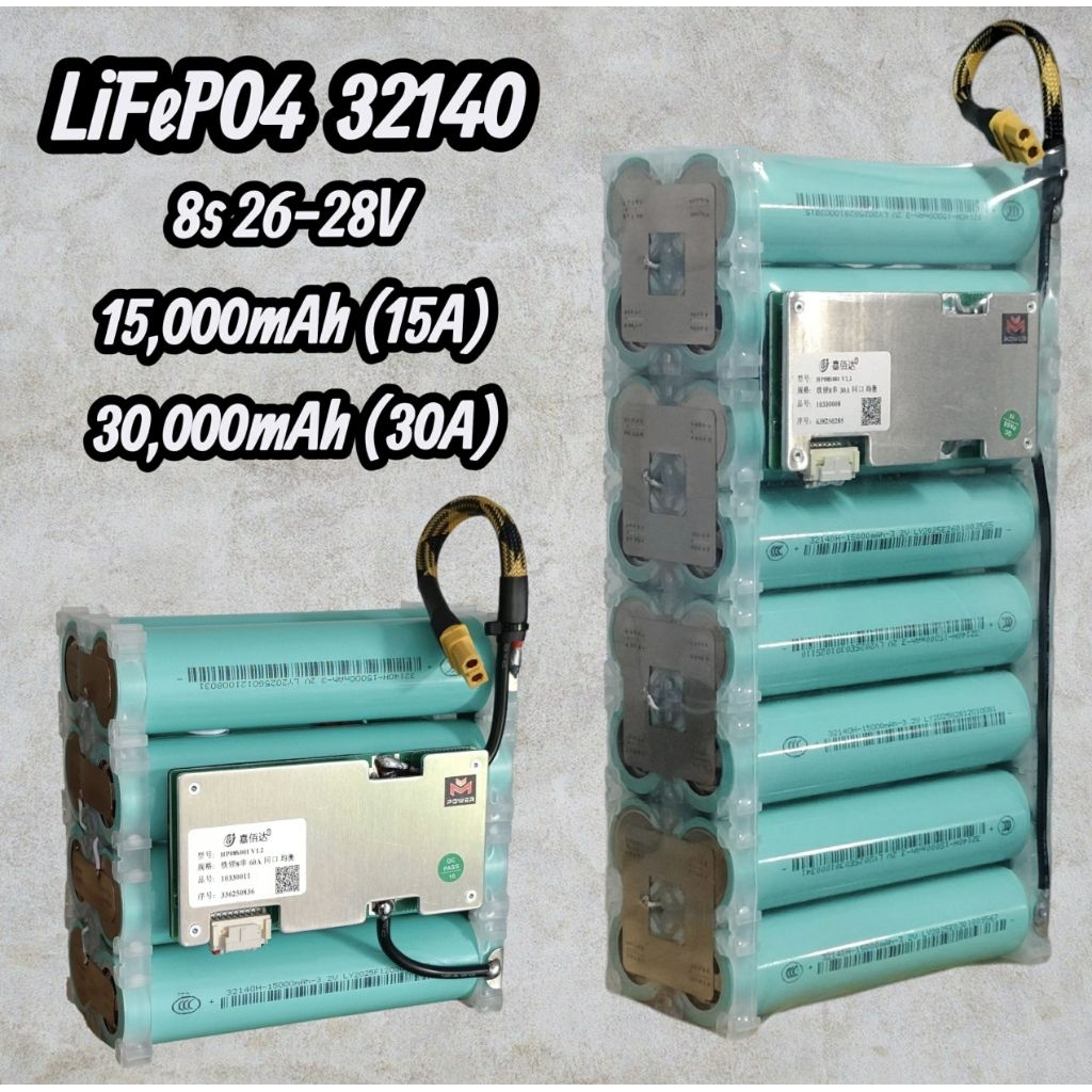 8S แบตเตอรี่แพ็ค ลิเธียมฟอสเฟต LiFePO4 32140 8s ทรงลูกเต๋า 26-28V 15A/30A แบตลำโพงบลูทูธ