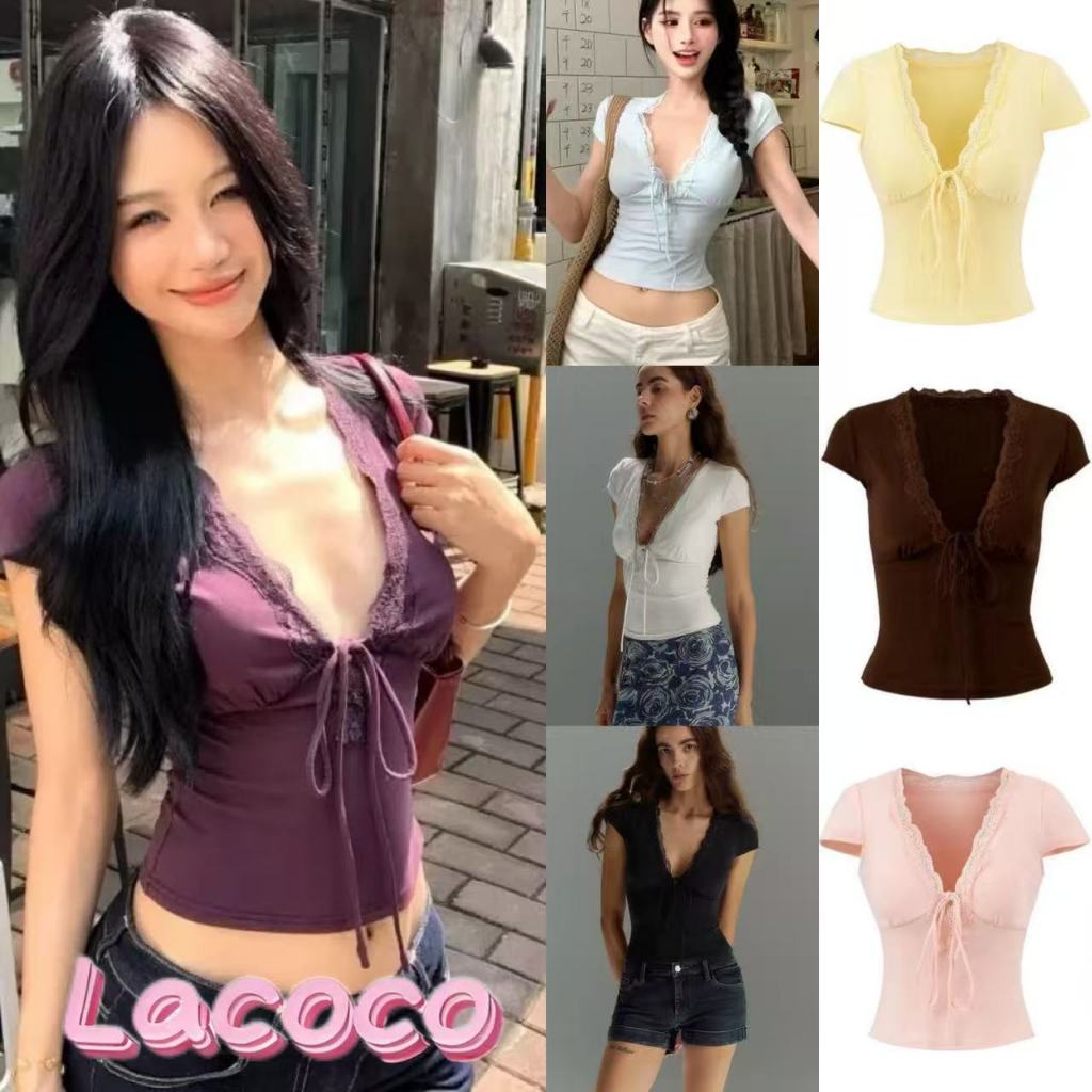 Lacoco 🍓มีในสต็อก🍓เสื้อยืดคอวีแขนสั้นผ้าลูกไม้ยืดหยุ่นเซ็กซี่ฤดูร้อนใหม่/เสื้อแขนยาว