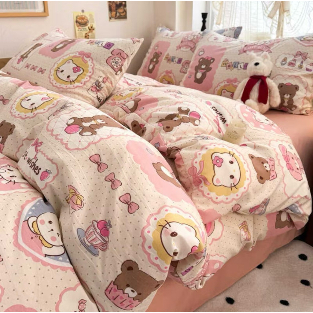 ผ้าปูที่นอน ชุดผ้าปูผ้าห่ม(ลายคิตตี้)ขนาด 3|5|6 ฟุต 🛏 เนื้อผ้าคอตตอน 100% หนานุ่มนอนสบาย🏡☀️🤍
