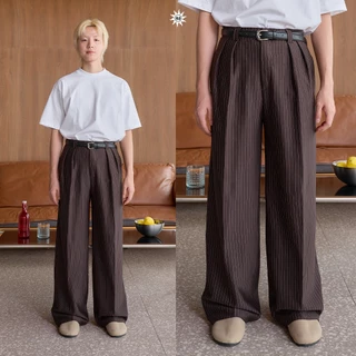 NORMAL.DAY BAGGY TROUSERS V.2 (ลายริ้ว)กางเกงทรงกระบอกใหญ่ ผู้ชาย ผ้าหนานุ่ม ยับยากรีดง่าย อยู่ทรงมีน้ำหนัก สำหรับคนสูง