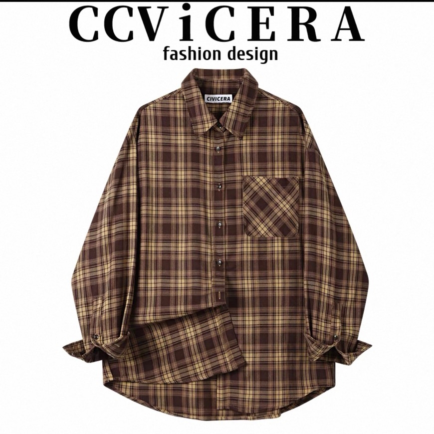 พร้อมจัดส่ง ใหม่ เสื้อเชิ้ต เสื้อคลุมแขนยาว คอปก ลายสก๊อต ทรงหลวม สไตล์เกาหลี❤️🩶🍔