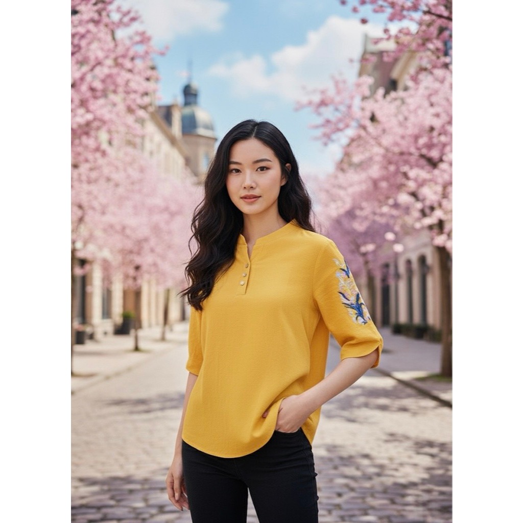 BMD0F13เสื้อผ้าฝ้ายผสมลินินญี่ปุ่น คอจีนปัก ฟรีไฃส์34''-44''แขน3ส่วน พร้อมผ่าข้างเล็กน้อย ช่วยให้ดูโ