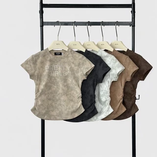 Atipashop - GLEAMSTAR TEE เสื้อยืด แขนสั้น คอกลม ดีเทลจีบจีบข้าง ผ้าสีมัดย้อม สกรีนลาย