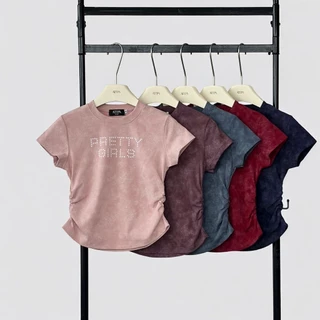 Atipashop - GLEAMSTAR TEE เสื้อยืด แขนสั้น คอกลม ดีเทลจีบจีบข้าง ผ้าสีมัดย้อม สกรีนลาย