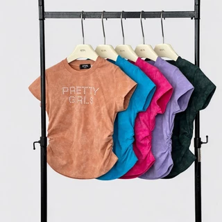 Atipashop - GLEAMSTAR TEE เสื้อยืด แขนสั้น คอกลม ดีเทลจีบจีบข้าง ผ้าสีมัดย้อม สกรีนลาย