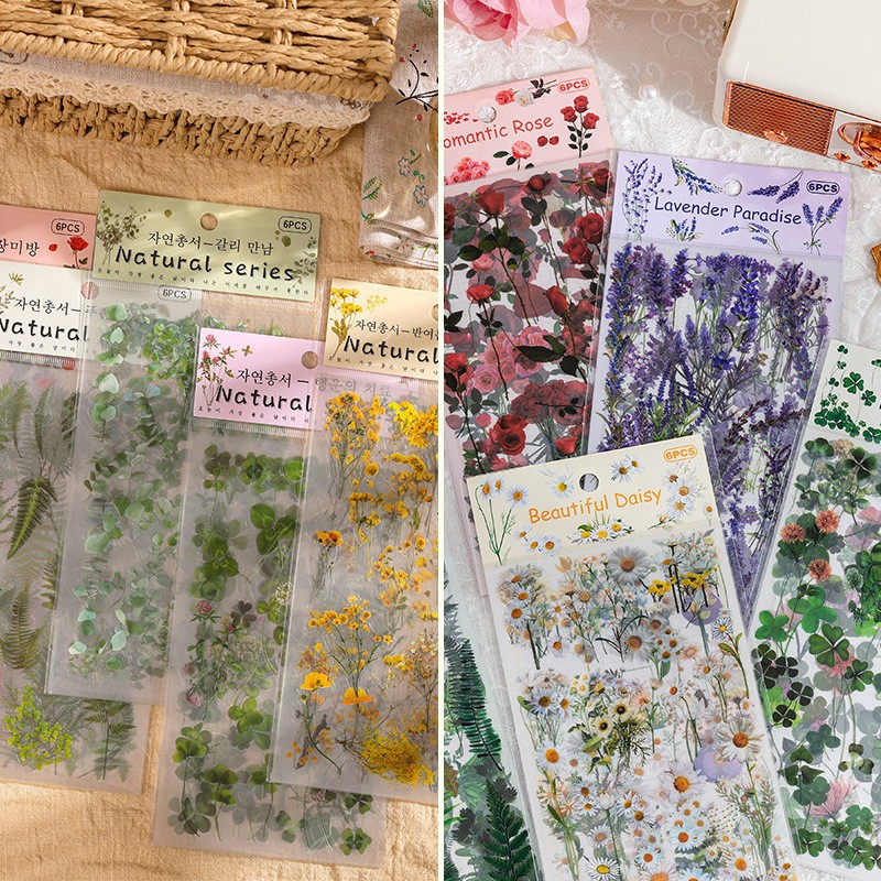 [พร้อมส่ง] DIY สติ๊กเกอร์ 6PC/ชุด ดอกไม้ ใบไม้ เดซี่ กุหลาบ ขอบใส กันน้ำ Daisy Rose Flower PET Clear Transparent Sticker