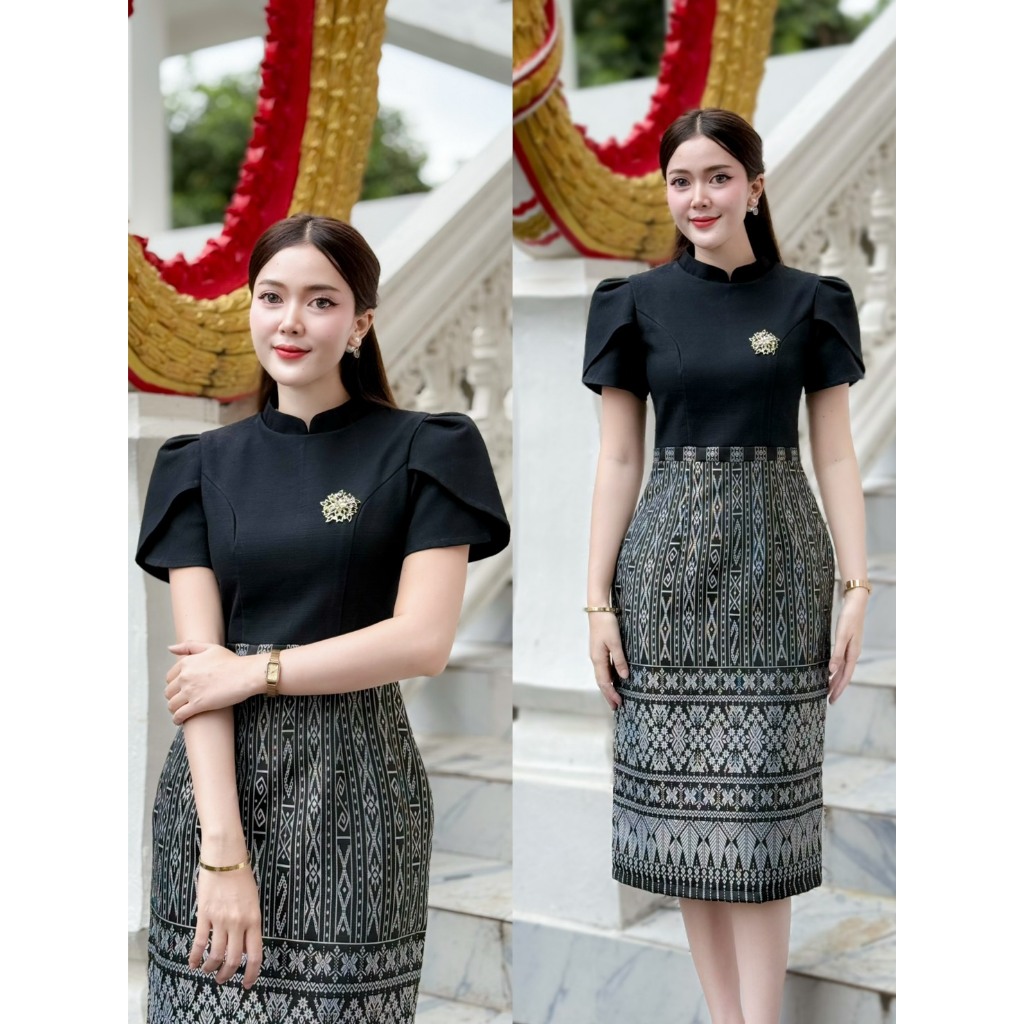 เดรสผ้าไทย ชุดดำ สีดำ เดรสดำ ชุดผ้าไทย ลายไทย ผ้าไทย ลายไทยพร้อมส่ง