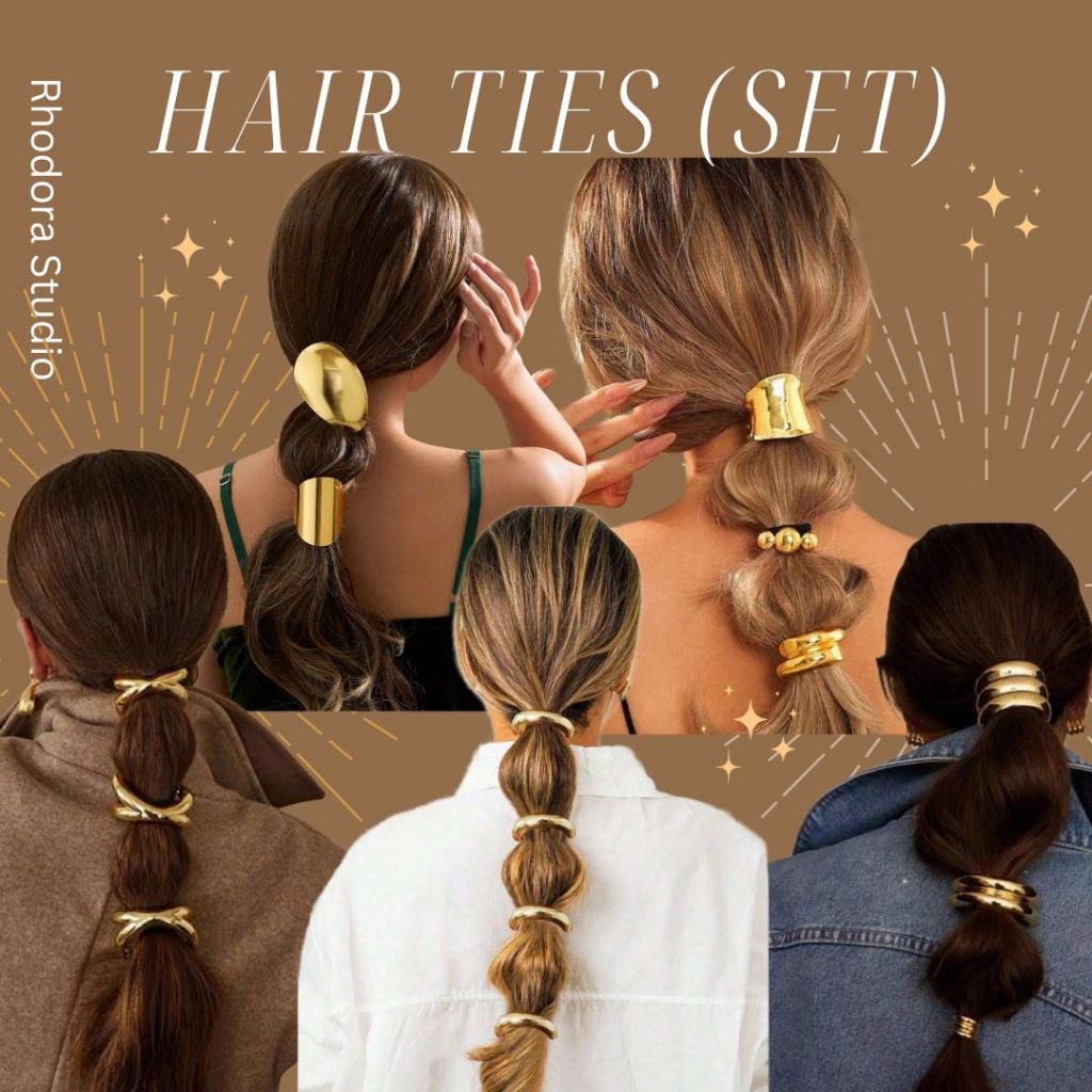 🍋พร้อมส่ง *แบบเซ็ท Set 🌟 Ready to ship 📮 ยางมัดผมประดับโลหะ สีทอง Elegant Gold Metallic Curved Shaped Hair Ties