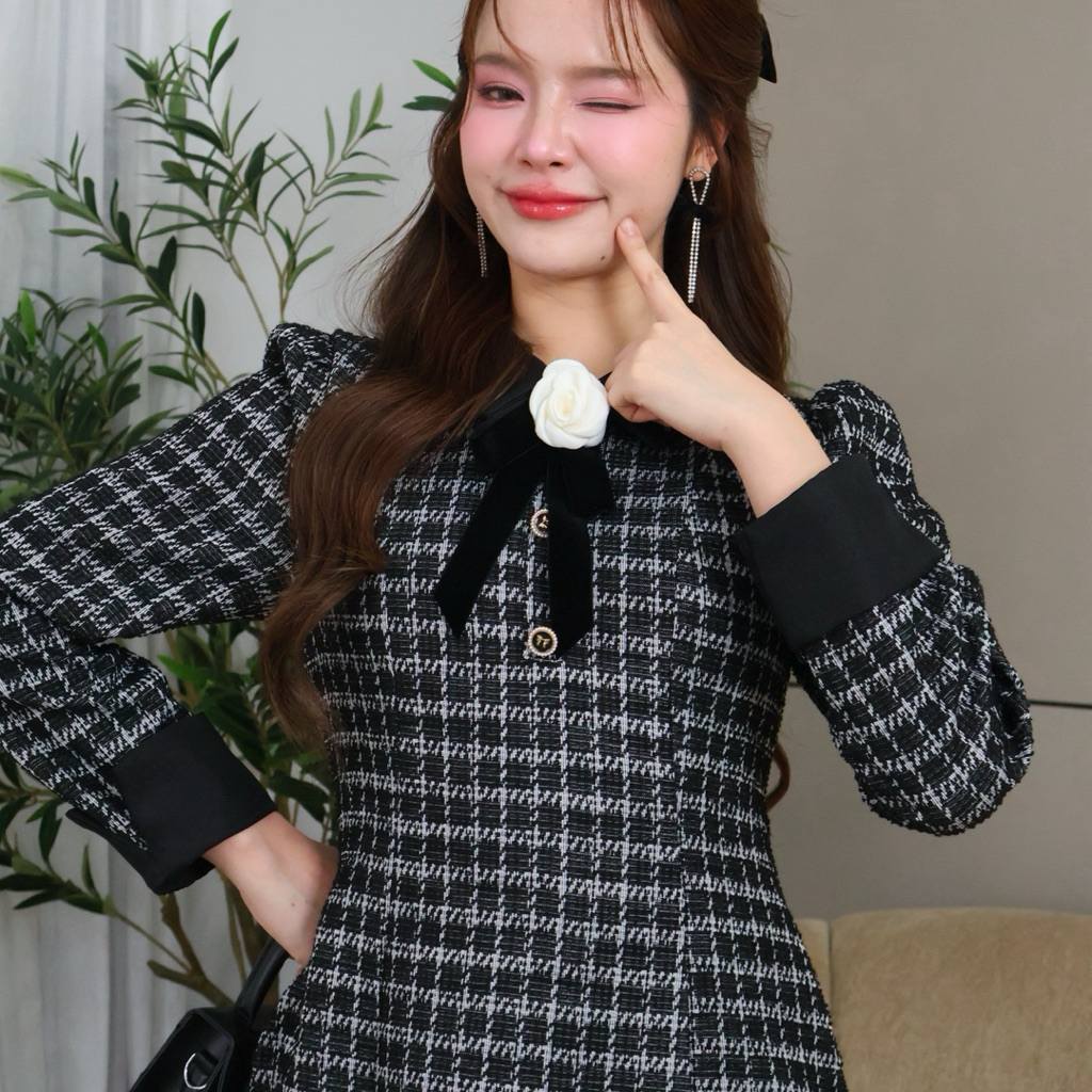 (พร้อมส่ง) FW76 Maria Dress ผ้าทอลายทวิตญี่ปุ่น - รูปที่ 3