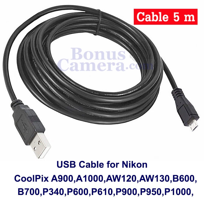 สายยูเอสบียาว 5 m ต่อกล้องนิคอน CoolPix A900,A1000,AW130,B600,B700,P950,S9900 เข้ากับคอมฯ ใช้แทน Nik