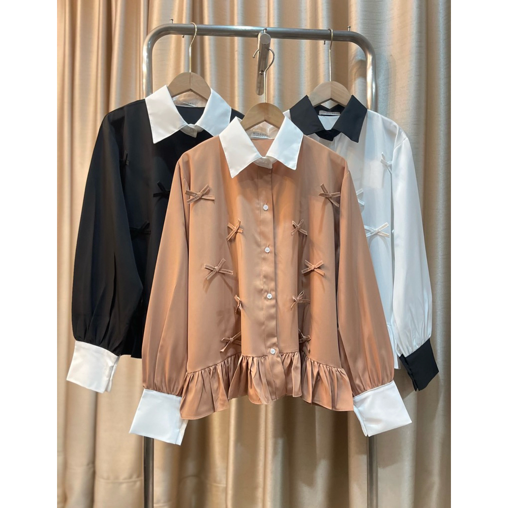 (อก 48”) เสื้อเชิ้ตสไตล์เกาหลี (แต่งระบายชาย) 🖤🤍 **ผ้าไหมอิตาลี่