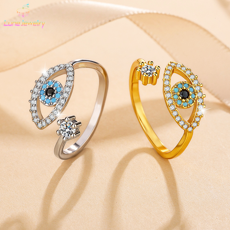 COD💖แหวนโลหะผสมลูกปัดรูปตา ประดับเพทาย เกาหลี ระดับไฮเอนด์ ออกแบบเพื่อสวมใส่ง่าย แหวนเปิด สำหรับผู้หญิง-Lune