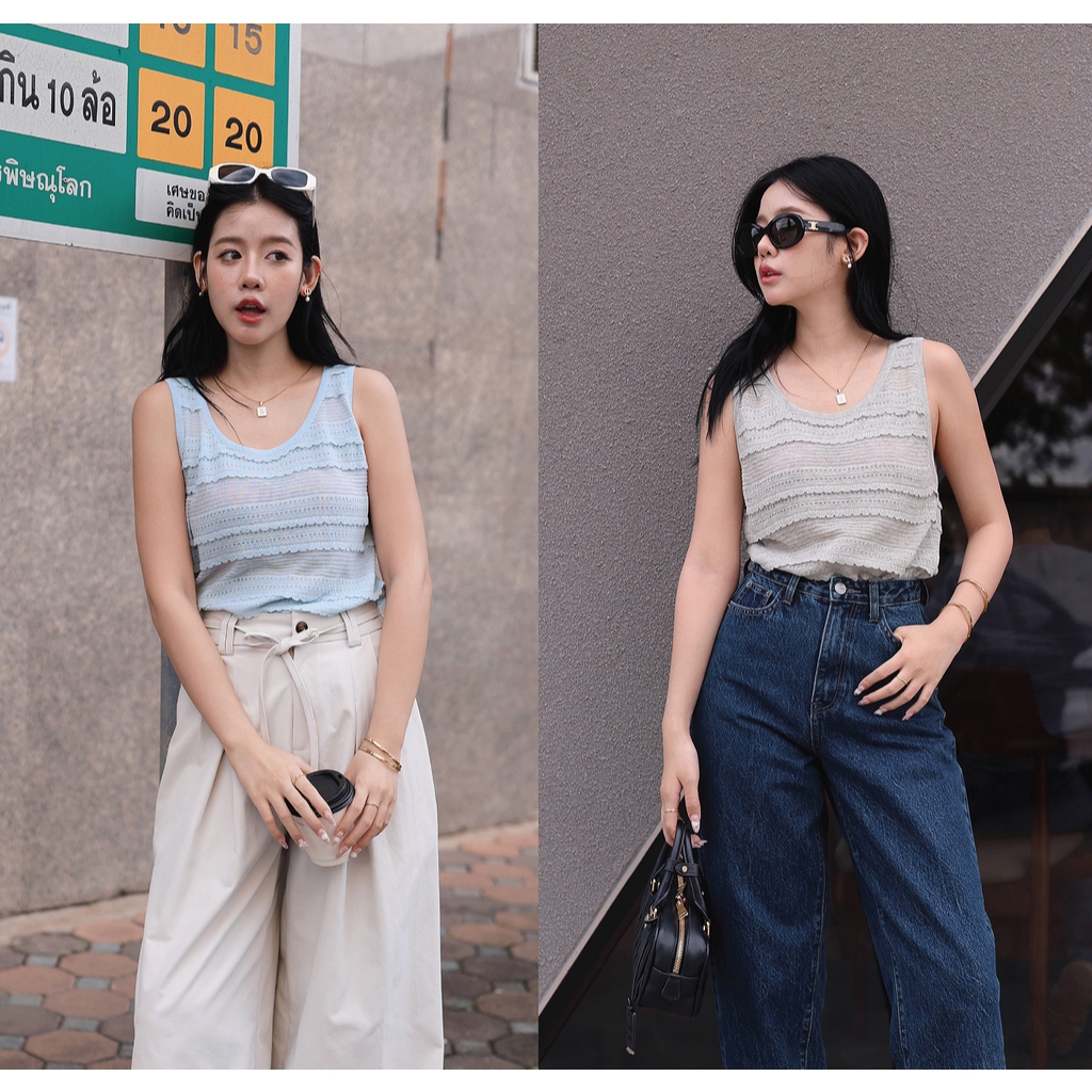 T0123023 เสื้อแขนกุดทอฉลุลูกไม้เล็ก - มี 4 สี : สีดำ,สีเขียว,สีฟ้าอ่อน,สีเทา- NUMBERSEVEN
