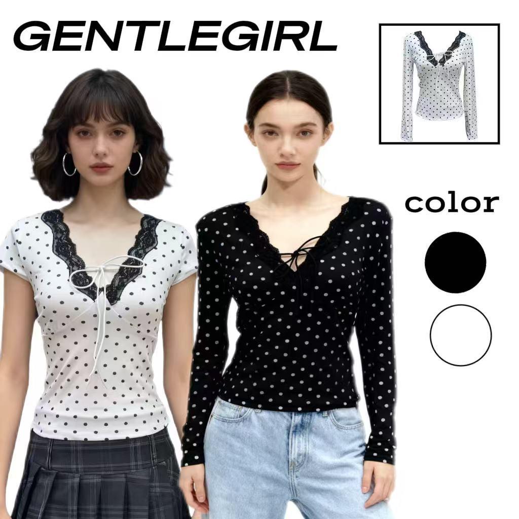 #GG จัดส่งที่รวดเร็ว เสื้อแขนยาวและแขนสั้นลายจุดสไตล์ฝรั่งเศส ผูกโบว์ที่หน้าอกได้ มีความยืดหยุ่นสูง