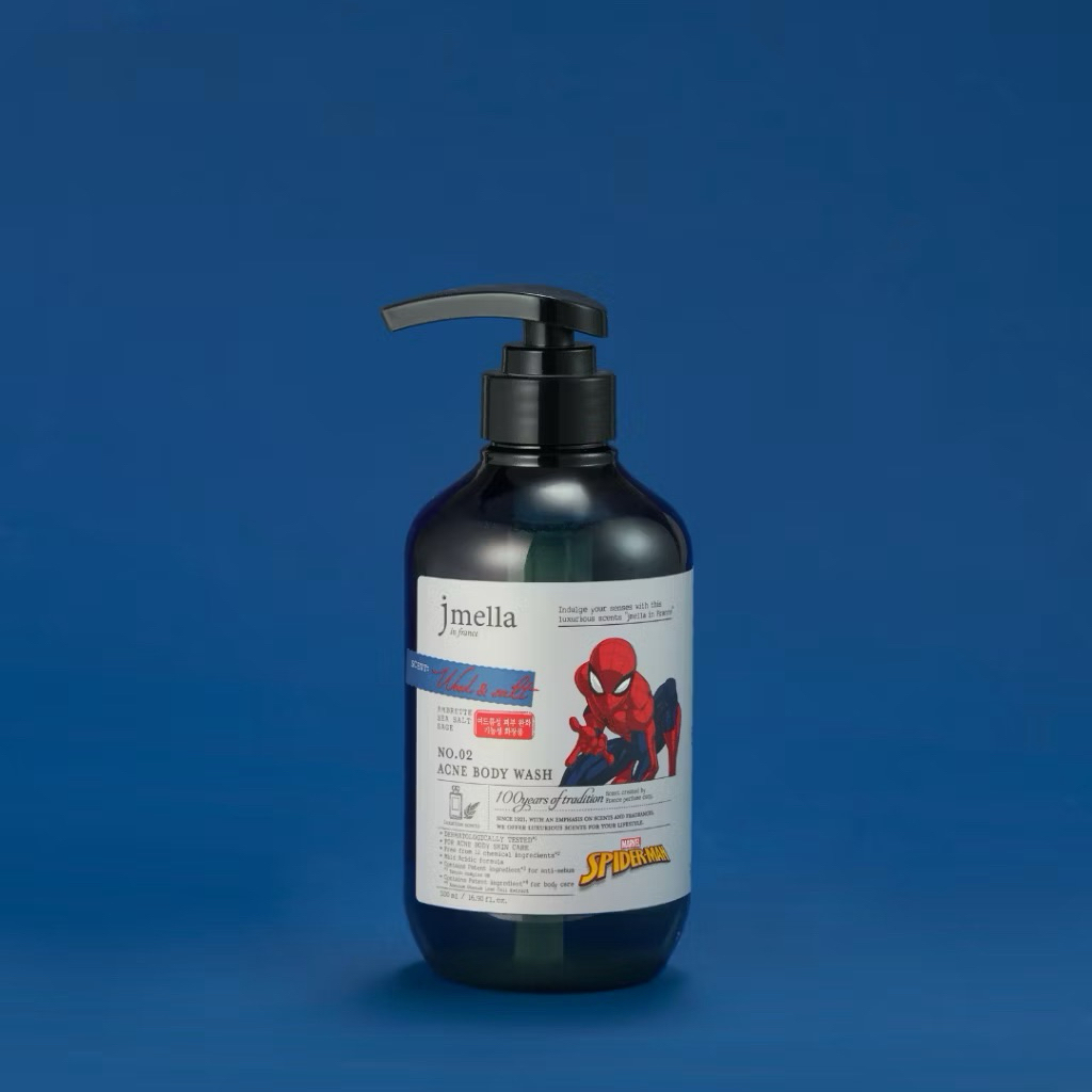 JMELLA IN FRANCE SPIDER-MAN WOOD & SALT ACNE BODY WASH เจเมล่า แอคเน่ บอดี้ วอช กลิ่น วู้ด แอนด์ ซอลท์ ปริมาณ 500 มล.