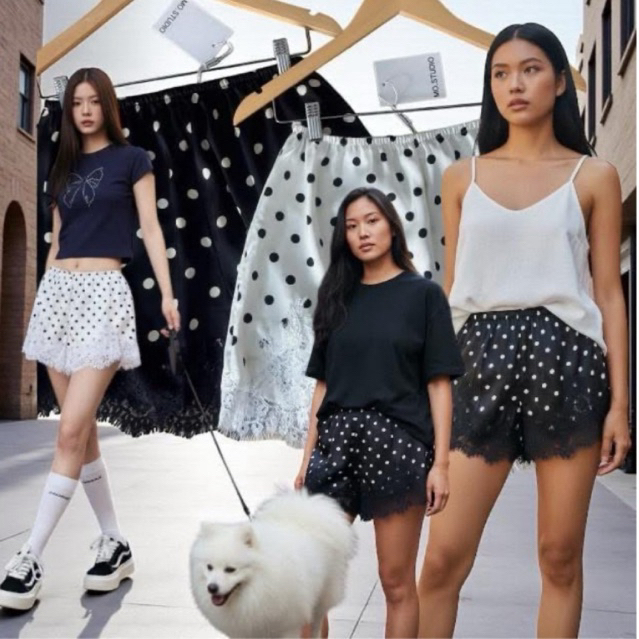 Alice♥︎ อ่านก่อนสั่ง‼️MO.STUDIO POLKA DOT SATIN SHORTS กางเกงขาสั้นชายลูกไม้ซาติน ลายจุดงานสวย เลิศ