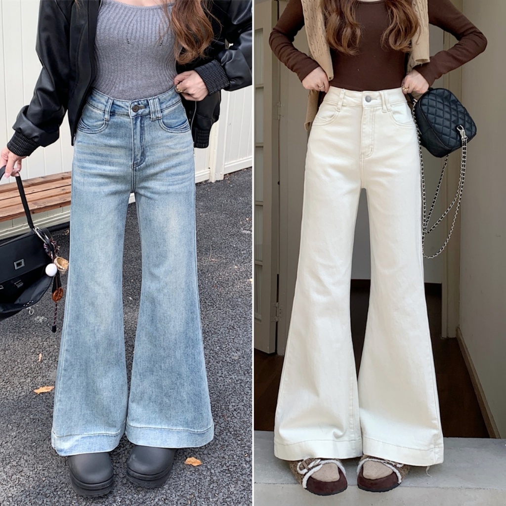 cherryshop พร้อมส่ง กางเกงยีนส์บานวินเทจเอวสูงเกาหลีผู้หญิง สีฟ้า สีขาว กระบอกใหญ่ ทรงสวย เข้ากับทุกสไตส์