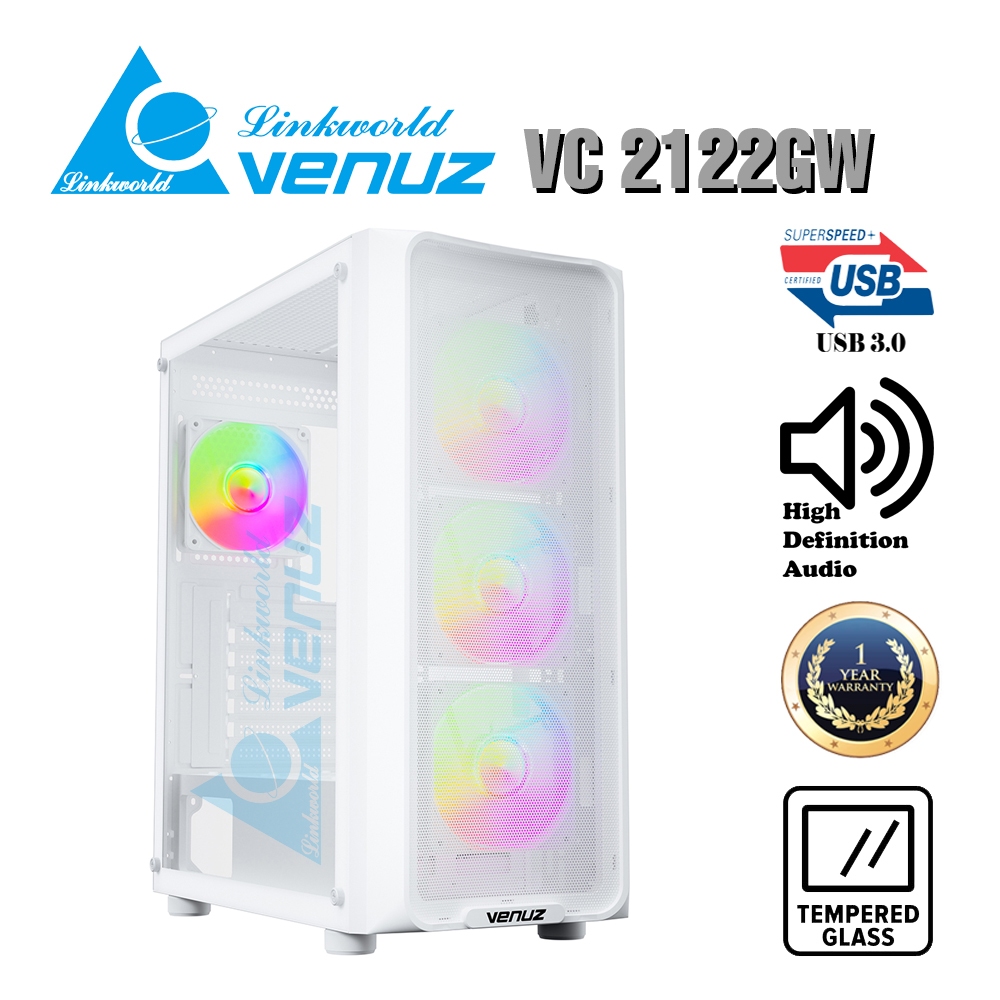 VENUZ ATX Tempered Glass Computer Case VC 2122GW with Rainbow RGB Fan x 4 – White