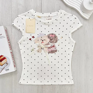 3 สี - เสื้อครอปคอกลมแขนเต่อ ลายจุด พิมพ์ลายน่ารักแต่งโบว์ที่อก งานน่ารัก ผ้านิ่ม เกาหลีสุดๆ G-rose (G034)