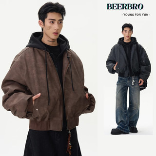 beerbroth-เสื้อแจ็คเก็ตผู้ชาย  แขนยาว แฟชั่น วินเทจ สีน้ำตาลกับสีเทาดำ แบบมีซิป ฤดูใบไม้ร่วงและฤดูหนาวเกาหลีใต้สั้นหลวม
