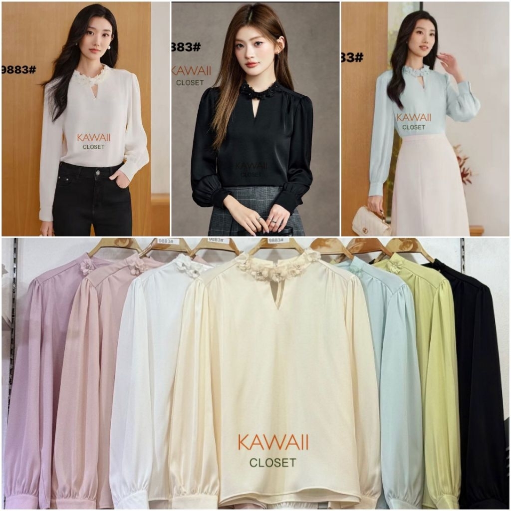 เสื้อแขนยาว ผ้าซาติน เนื้อดีนิ่มพริ้ว คอกลม คอเจาะวี ตกแต่งดอกไม้ Satin Blouse Size 40″ สาวออฟฟิส ชุดทำงาน – โปรปัง
