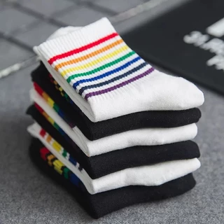 ถุงเท้า 6 คู่ เลือกสีได้ สีขาว สีเข้ม ลายรุ้ง สีสันสดใส Socks ถุงเท้าฟรีไซส์ พร้อมส่ง