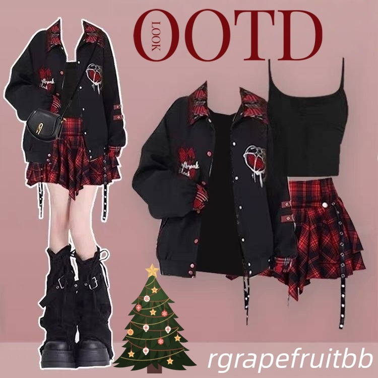 🍅🤎💯ชุดเซท3ชิ้น💙แจ็คเก็ต+ดำเสื้อกั๊ก+กระโปรงสั้นลายสก็อตสีแดง สไตล์วินเทจ สไตล์เกาหลี การออกแบบที่เป็นเอกลักษณ์ ไซส์:S-XL