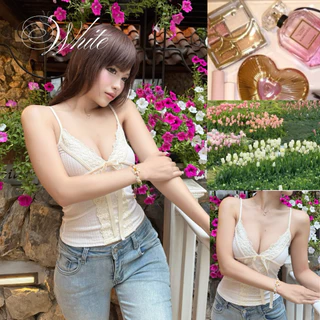 ANGELS.FAV - เสื้อสายเดี่ยวลูกไม้ทรงเข้ารูป Sweet Ribbon Lace Top 🎀🍰✨ *พร้อมส่ง*