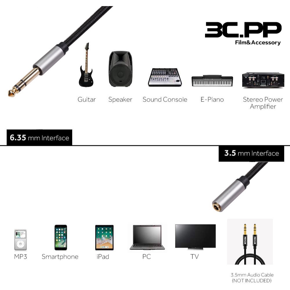 3C.PP สายเคเบิลเสียง ตัวผู้ 6.35 มม. เป็นตัวเมีย 3.5 มม. male 6.35mm to female 3.5mm สําหรับอะแดปเตอร์หูฟัง กีตาร์ เปียโ - รูปที่ 2