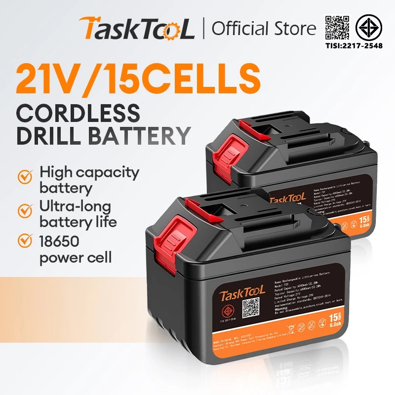 TASKTOOL 15Cells แบตเตอรี่ 21v ลิเธียม  แบตเตอรี่ 6AH-15ก้อน-5C แบตเตอรี่21โวลสำหรับเครื่องมือไฟฟ้า TISI STANDARD
