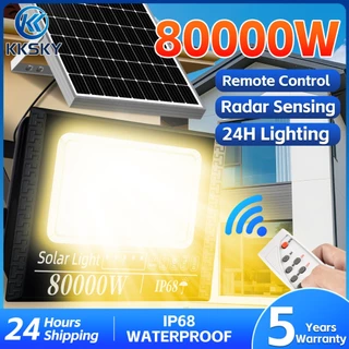 KKSKY แสงสีเหลือง ไฟโซล่าเซลล์ IP68 กันน้ำกลางแจ้ง 80000W Solar Light แสงอุ่น สว่างอัตโนมัติเมื่อฟ้ามืดหลอดไฟ รีโมท led