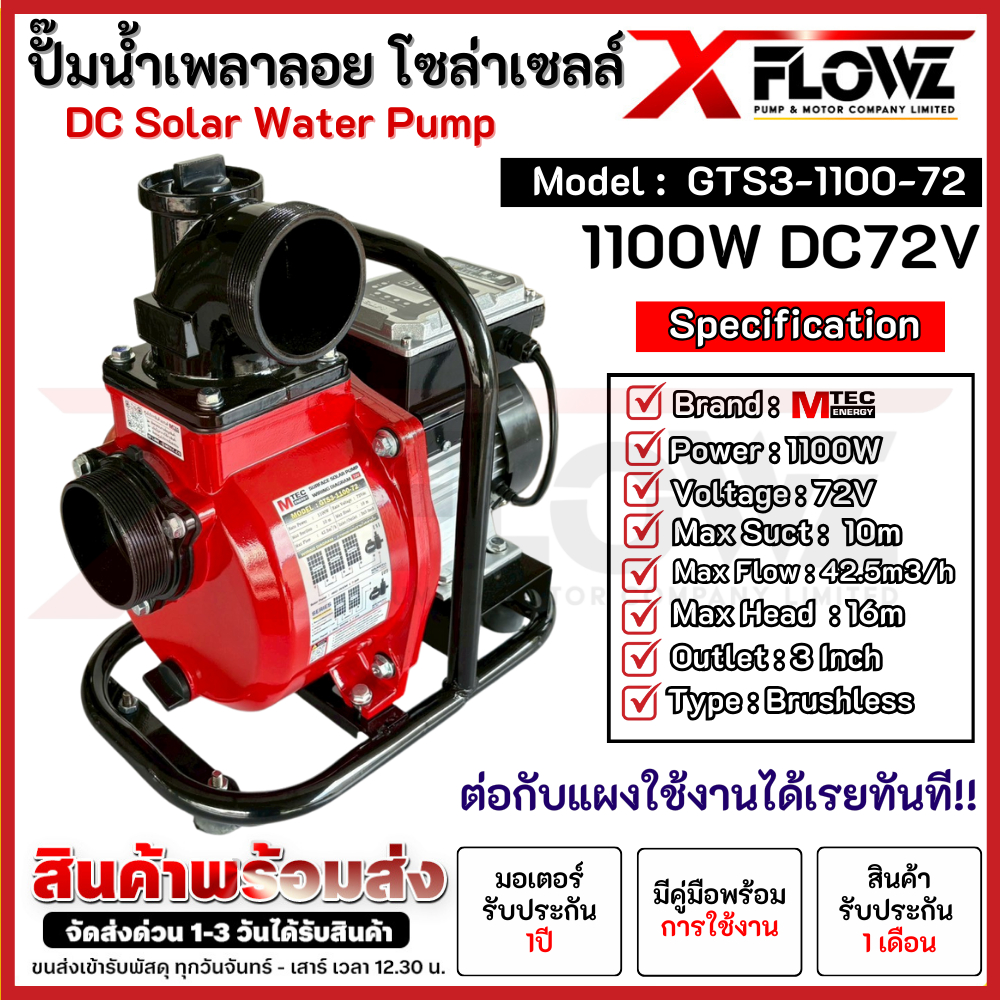 รุ่นใหม่!! ค่าย MTEC ปั๊มเพลาลอยโซล่าเซลล์ รุ่น GTS3-1100-72 ท่อ 3 นิ้ว 1100W 72V สูบน้ำได้ถึง 42500 ลิตร/ชั่วโมง