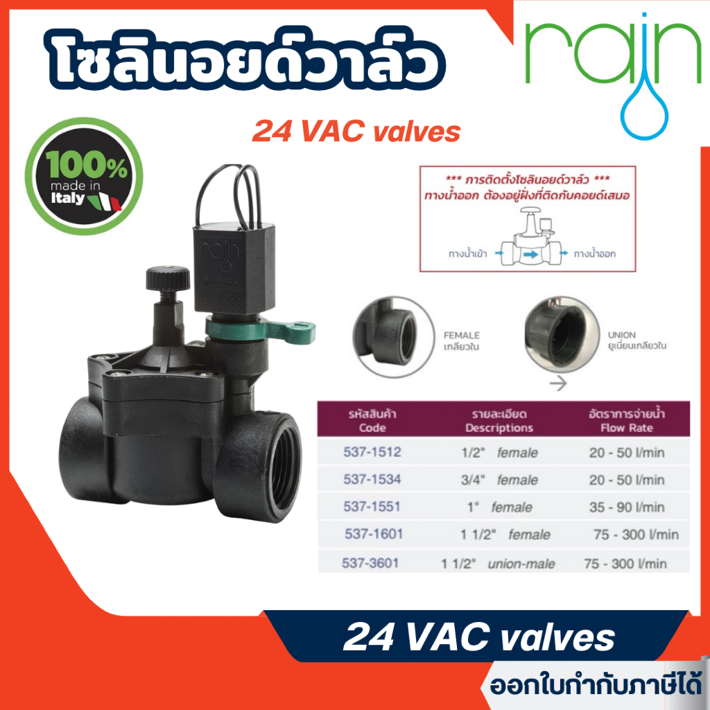 ส่งไว🔥 [RAIN] โซลินอยด์วาล์ว VS 24 RAIN (24 VAC valves) เกลียวใน ขนาด 1/2" - 2นิ้ว บอลวาล์วปิดเปิด อัตโนมัติ