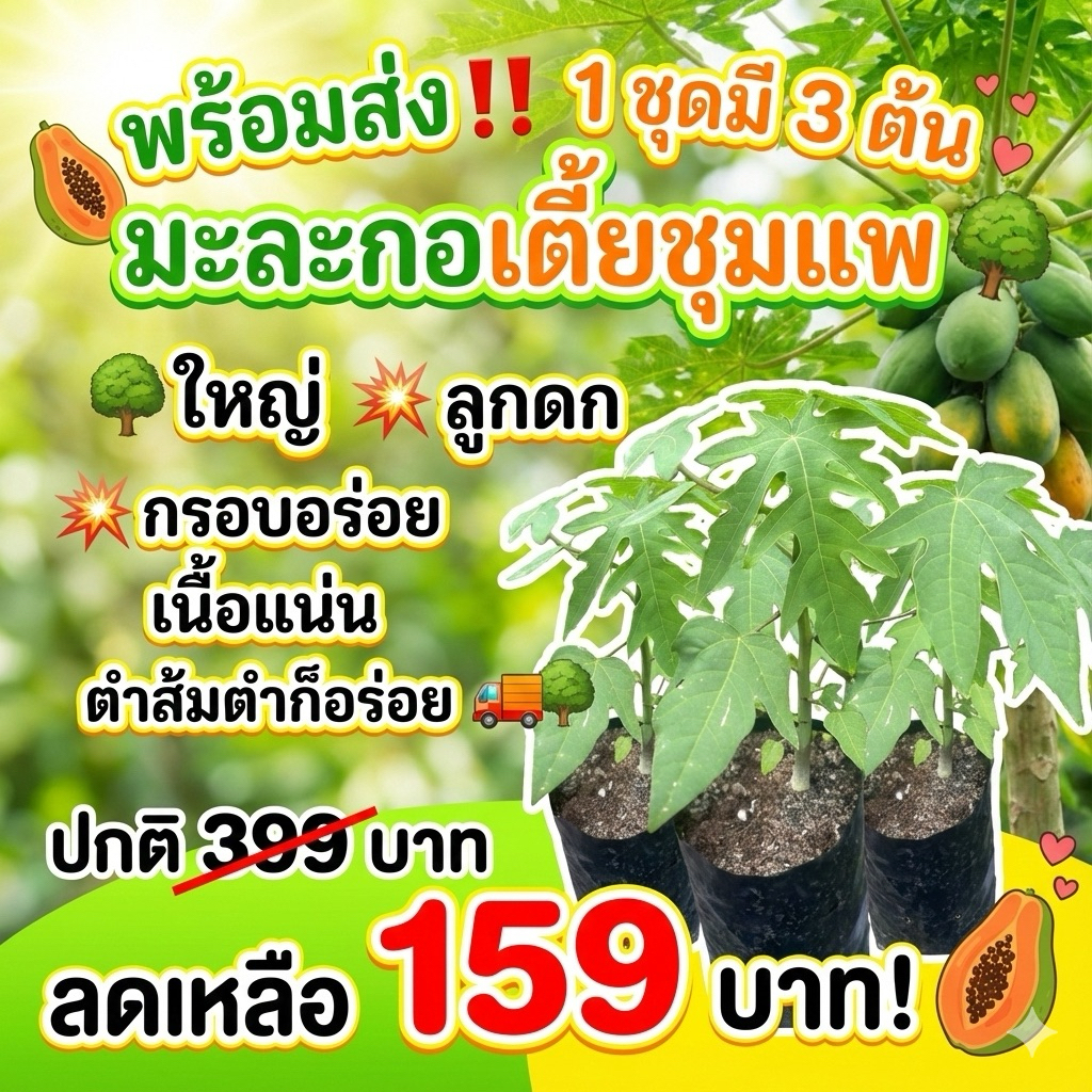 ( พร้อมส่ง ‼️ ) 1 ชุดมี 3 ต้น มะละกอเตี้ยชุมแพ   ใหญ่   ลูกดก   กรอบอร่อย เนื้อแน่น ตำส้มตำก็อร่อย