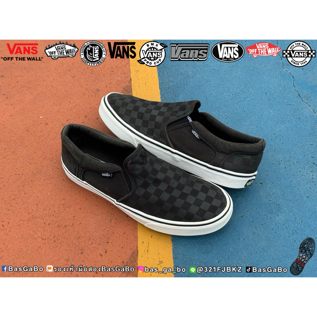 VANS SLIP - ON CHECKERBOARD BLACK รองเท้ามือสอง รับประกันแท้ รองเท้าVansมือสอง รองเท้าVans Vansมือสอ