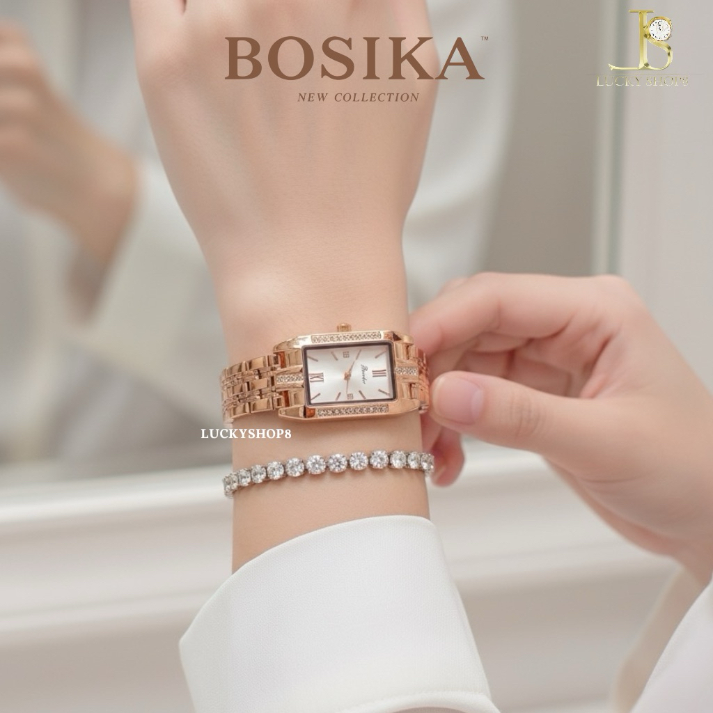 (L81) BOSIKA นาฬิกาข้อมือหญิง นาฬิการุ่นใหม่ หน้าปัดเหลี่ยม ประดับเพชร สวยหรู คลาสสิค สินค้าแท้ 100%